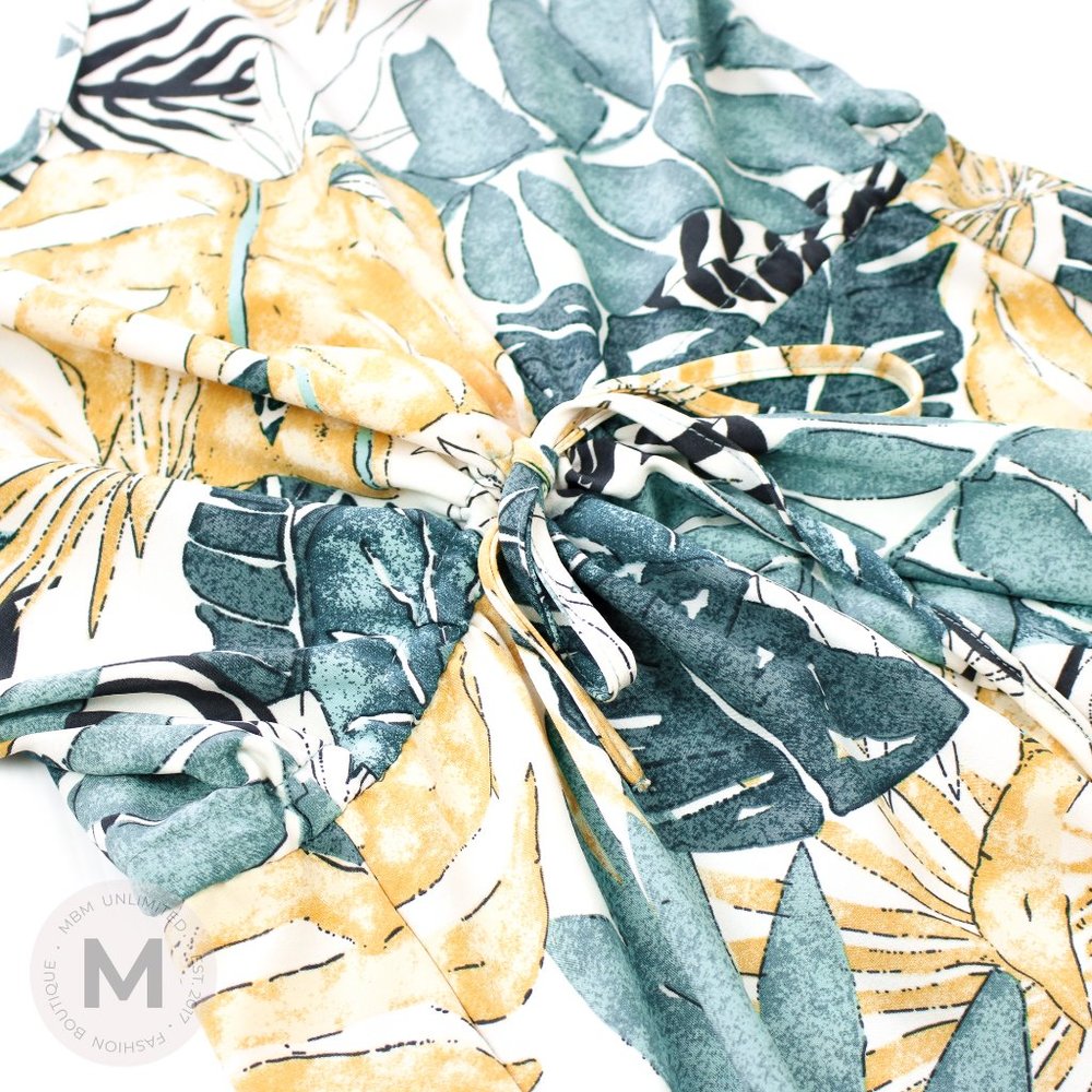 White Green Tropical Print Ruffle High Low Dress - Picture 6 of 9